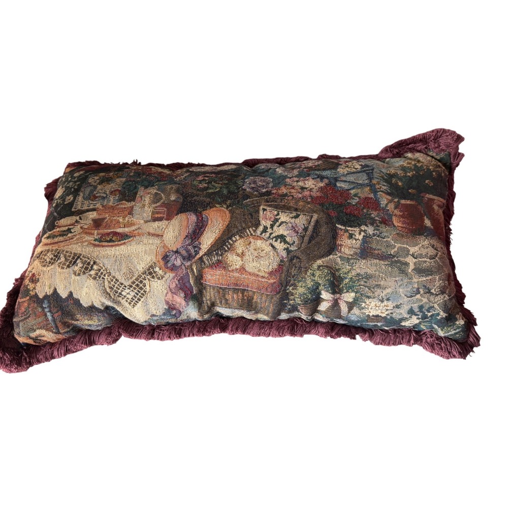 Vintage Woven Tapestry Garden Tea Party Throw Pillow Fringe Trim Made in USA